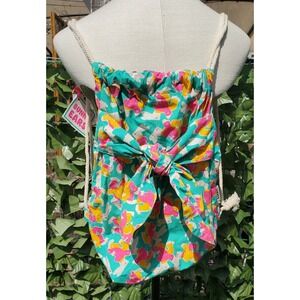 LUSH Bunny Ears Drawstring Backpack Teal Pink Yellow Floral Organic Cotton